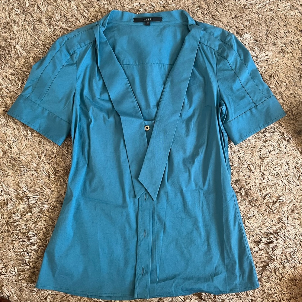 Gucci Blue Asymmetrical Button Down Blouse